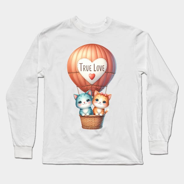 Valentine Cat Couple On Hot Air Balloon Long Sleeve T-Shirt by Chromatic Fusion Studio